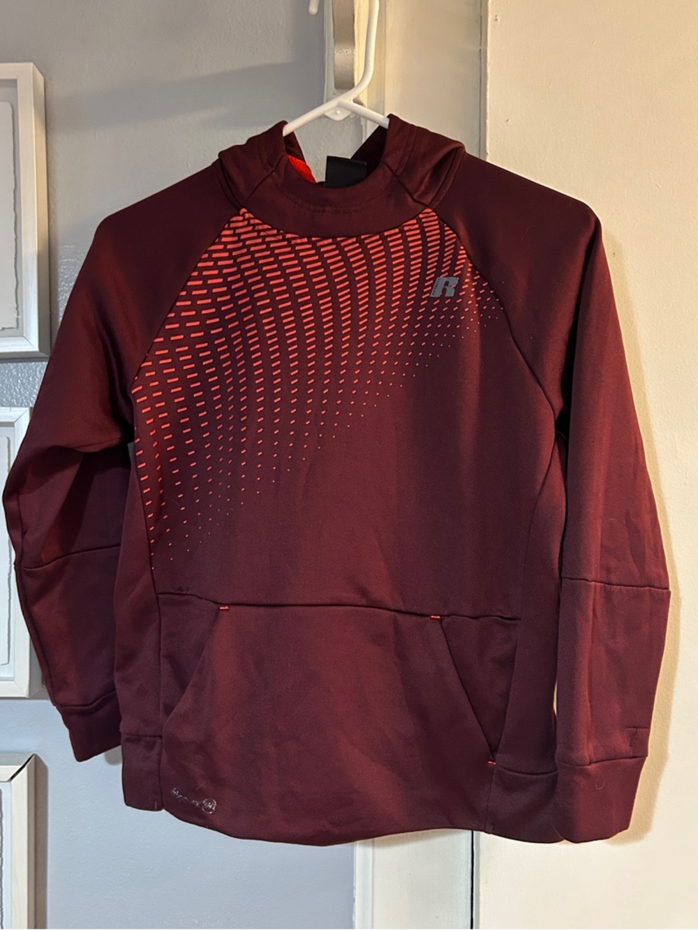 Russell Athletic Maroon Pullover Hoodie with Subtle Graphic Size L